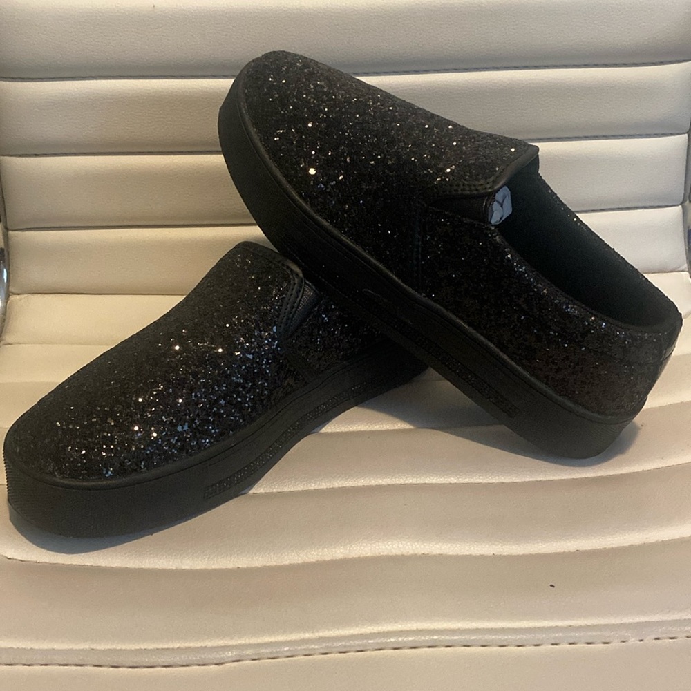 Black sparkle slip on shoes